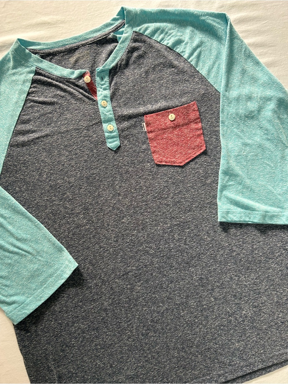 Public Opinion Raglan Henley Shirt Teal Gray Red Pocket XL